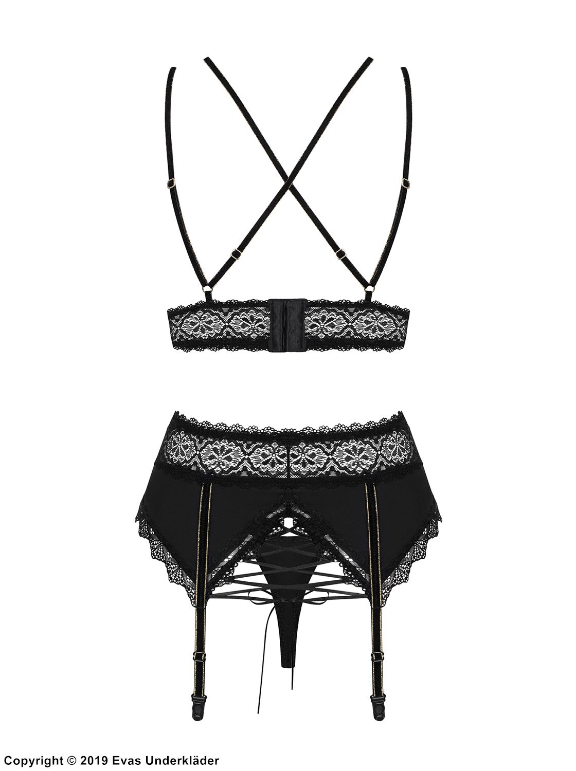 Lingerie set, beautiful lace, crossing straps, garter belt